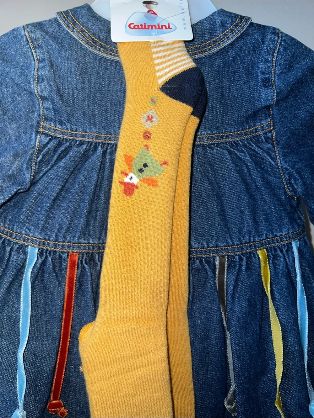 Vintage  Blue Denim Jacket Dress Multicolor Ribbon Accents & Matching Tights